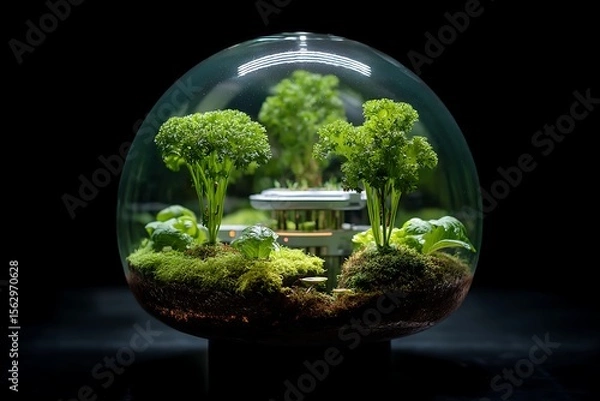 Obraz Floating hydroponic farm inside a glass orb, AI-controlled nutrient cycles, cyberpunk aesthetics