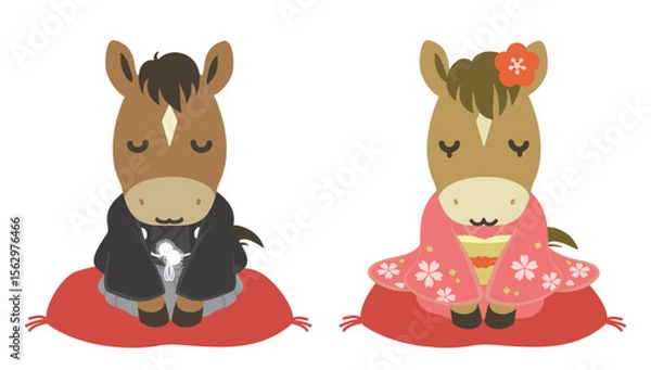 Obraz 和服を着たかわいい馬の夫婦のイラスト、午年の年賀状素材