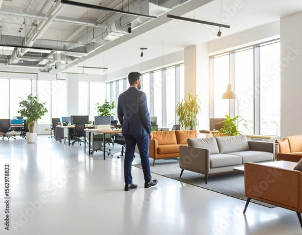 Obraz Flexible Workspace Solutions - Modern Employee Working in Collaborative Area