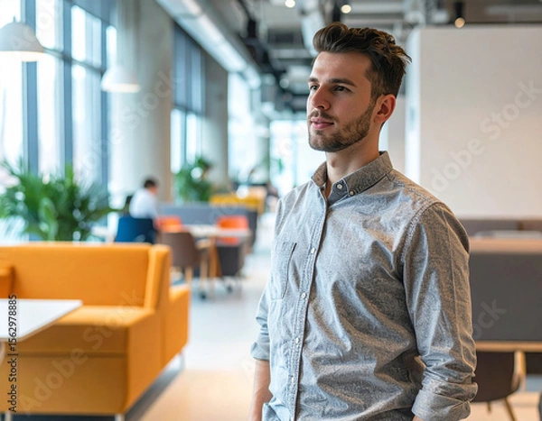 Obraz Flexible Workspace Solutions - Modern Employee Working in Collaborative Area