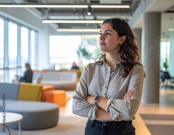 Obraz Flexible Workspace Solutions - Modern Employee Working in Collaborative Area