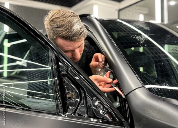 Obraz A car wrapping specialist applies a polyurethane film to the car. Detailer smoothes PPF. Car wrapping, detailing, tuning and styling. Selective focus. Car detailing and wrapping workshop. 