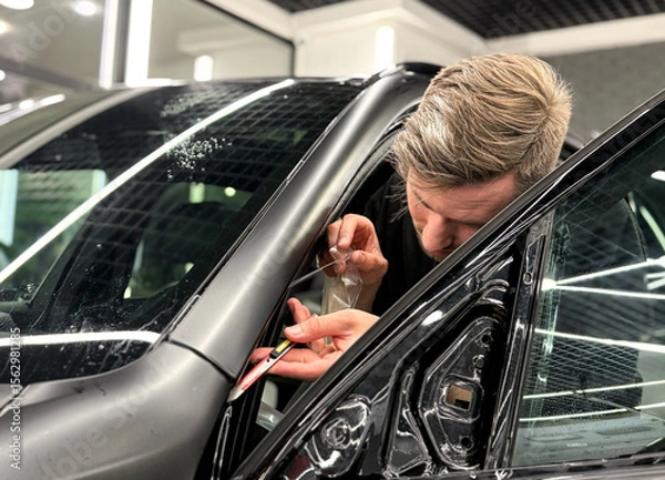 Obraz A car wrapping specialist applies a polyurethane film to the car. Detailer smoothes PPF. Car wrapping, detailing, tuning and styling. Selective focus. Car detailing and wrapping workshop. 