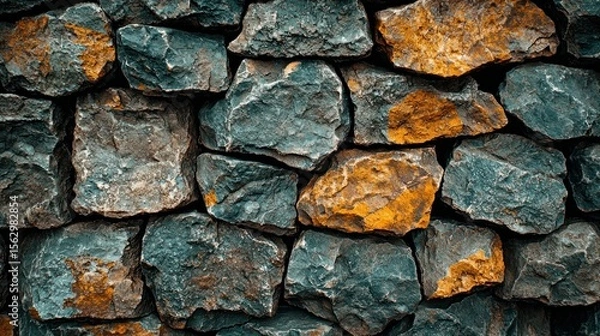 Fototapeta Textured rock wall with orange accents, irregular pattern