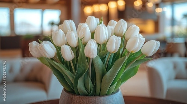 Fototapeta Vase of white tulips on table, blurred room background