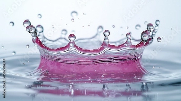 Fototapeta Water splash forms crown shape, pink liquid inside