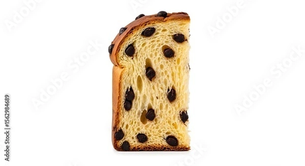 Fototapeta A slice of panettone with chocolate chips on a white background in studio