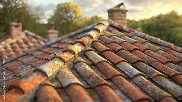 Fototapeta Weathered terracotta tiles on roof with moss and lichen