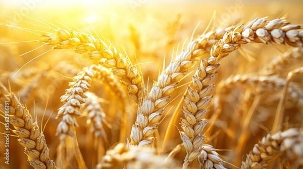 Fototapeta Wheat field glowing under warm sunlight, close-up view