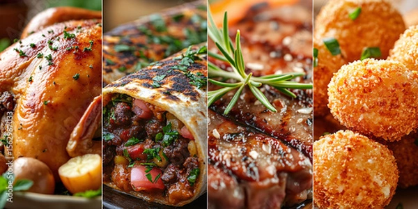 Fototapeta Culinary Collage: A mouthwatering array of diverse, meticulously photographed dishes showcases culinary artistry, appealing to the senses.
