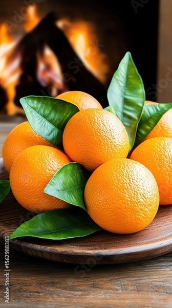 Obraz Copper Teapot and Oranges by a Winter Fireplace resting on a rustic wooden table