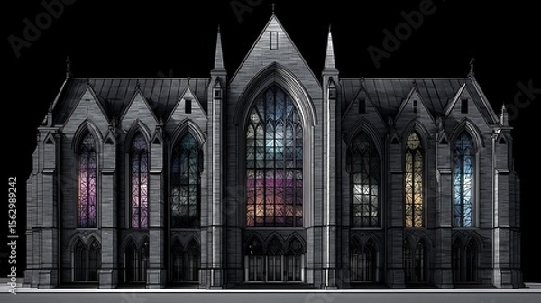 Fototapeta Minimalist gothic cathedral in charcoal gray, stained glass replaced with pastel triangles, no ornamentation