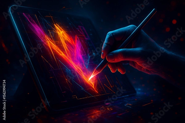 Fototapeta AI generated a futuristic human hand using a stylus to draw vibrant neon lines on an interactive glowing screen representing creativity energy and high tech imagination in a sci fi digital space