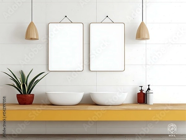 Fototapeta Minimalist Interior Mockup (Bangkok) in a surreal dreamlike setting, a contemporary bathroom overlooking a misty Contemporary Interior Mockups Architectural Mockup Spaces