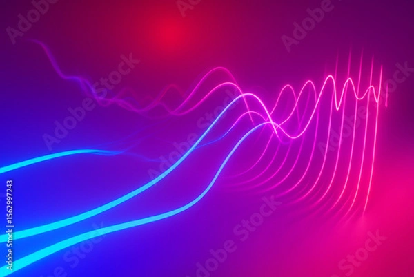 Fototapeta AI generated glowing pink and blue energy waves flowing across a purple and red digital background representing futuristic data transmission in a sci fi visual style