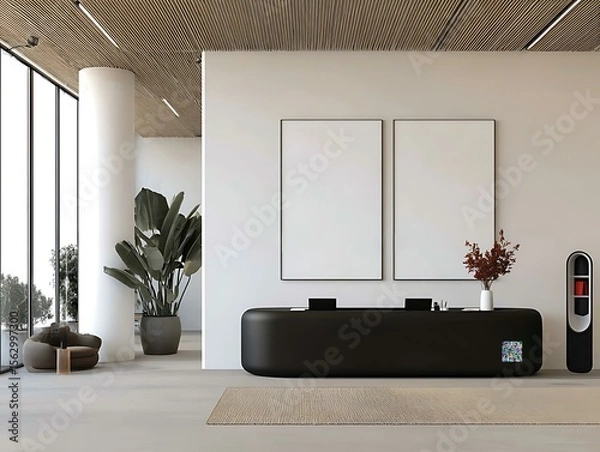 Fototapeta Minimalist Interior Mockup of a contemporary lounge and library space with a white sofa, light wooden armchairs Architectural Mockup Spaces Professional Home and Office Interiors