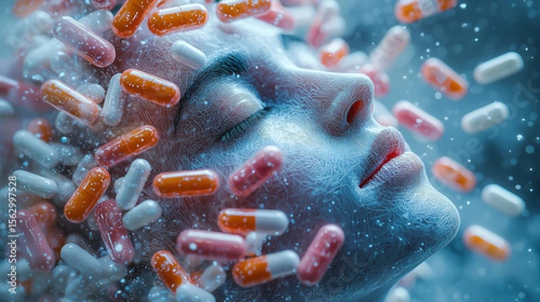Fototapeta Serene face floats among colorful capsules in surreal space