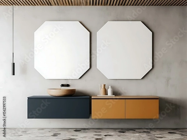 Fototapeta Minimalist Interior Mockup (Bangkok) of a serene bathroom with a dark walnut wooden vanity and oversized round blank mirrors Contemporary Interior Mockups Architectural Mockup Spaces