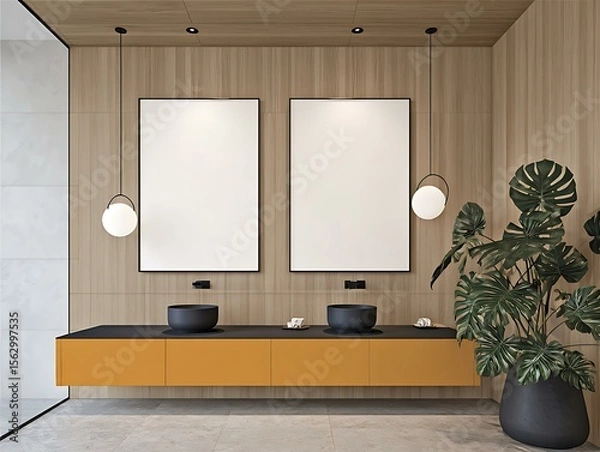 Fototapeta Minimalist Interior Mockup (Bangkok) of a serene bathroom with a dark walnut wooden vanity and oversized round blank mirrors Contemporary Interior Mockups Architectural Mockup Spaces
