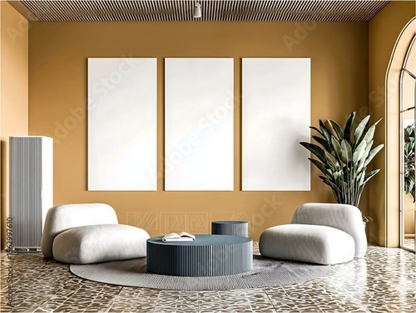 Fototapeta Minimalist Interior Mockup of a contemporary lounge and library space with a white sofa, light wooden armchairs Architectural Mockup Spaces Professional Home and Office Interiors