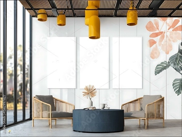 Fototapeta Minimalist Interior Mockup of a contemporary lounge and library space with a white sofa, light wooden armchairs Architectural Mockup Spaces Professional Home and Office Interiors
