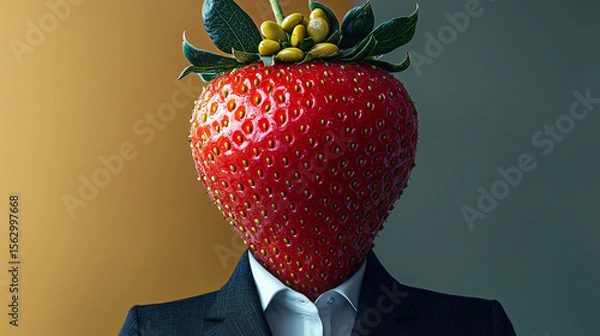 Fototapeta Person with a strawberry head stands elegantly against a colorful backdrop