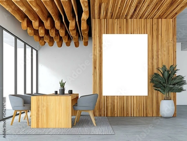 Fototapeta Minimalist Interior Mockup of a contemporary lounge and library space with a white sofa, light wooden armchairs Architectural Mockup Spaces Professional Home and Office Interiors