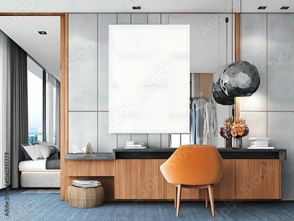 Fototapeta Minimalist Interior Mockup of a contemporary lounge and library space with a white sofa, light wooden armchairs Architectural Mockup Spaces Professional Home and Office Interiors