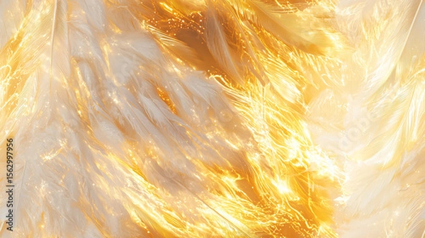 Fototapeta Elegant seamless texture featuring golden feathers with radiant light