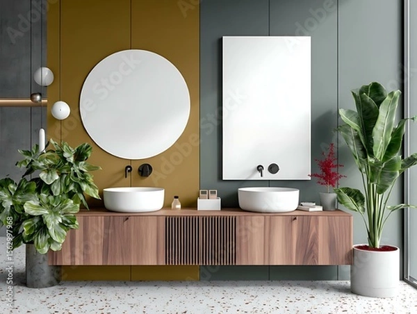 Fototapeta Minimalist Interior Mockup (Bangkok) of a serene bathroom with a dark walnut wooden vanity and oversized round blank mirrors Contemporary Interior Mockups Architectural Mockup Spaces