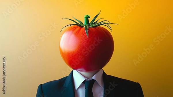 Fototapeta Unique concept of a person with a tomato for a head in a professional setting