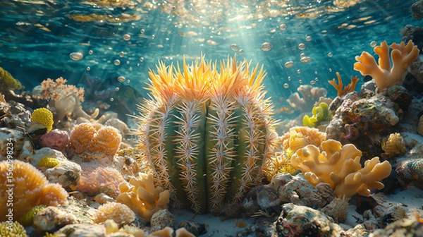 Fototapeta Vibrant underwater ecosystem featuring a cactus and colorful corals