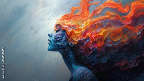 Fototapeta Vibrant woman with flowing fiery hair surrounded by ethereal colors