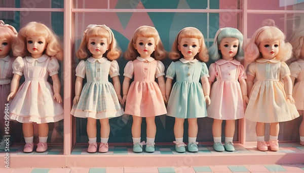 Fototapeta Row of Vintage Dolls in Pastel Dresses, Retro Toy Shop Display