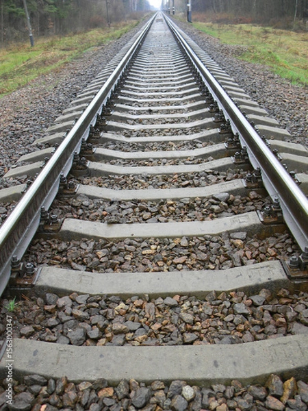 Fototapeta Railway track going into the distance. Vertical photo. Railway travel concept