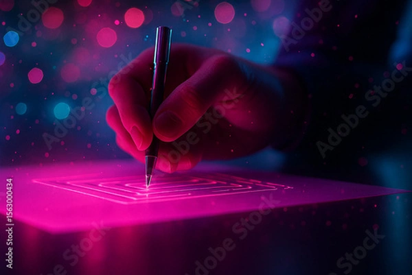 Fototapeta AI generated a human hand holding a stylus drawing on a glowing pink and blue digital surface surrounded by colorful bokeh lights in a futuristic sci fi atmosphere