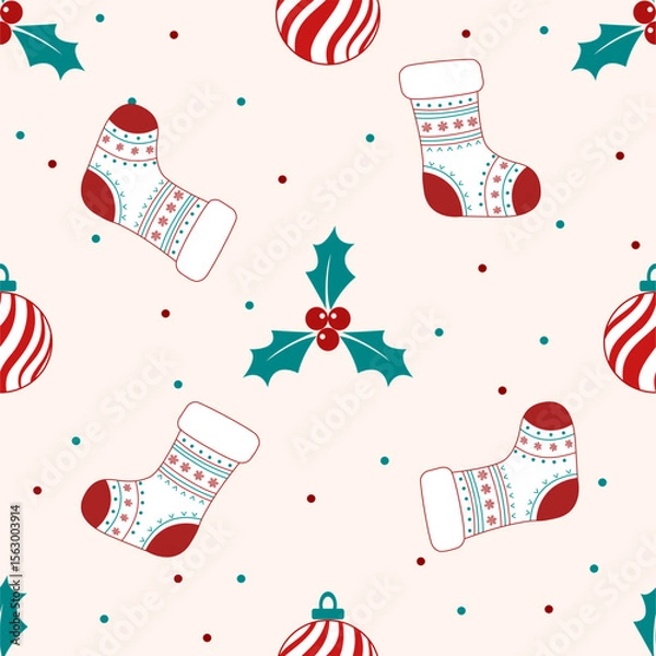 Obraz Charming seamless Christmas pattern featuring stockings, holly leaves, and festive baubles on a light background. Great for seasonal wrapping paper, fabric, and digital projects.