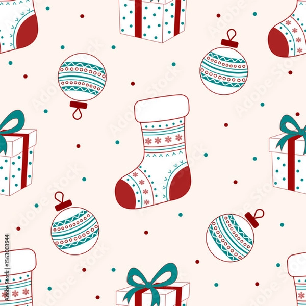 Obraz Festive seamless Christmas pattern featuring gift boxes, stockings, and baubles in red, teal, and white on a soft background. Perfect for holiday wrapping paper, fabric, and seasonal designs.
