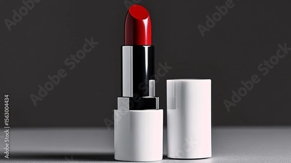 Obraz Red lipstick standing upright beside its open cap isolated on gray background with soft shadows