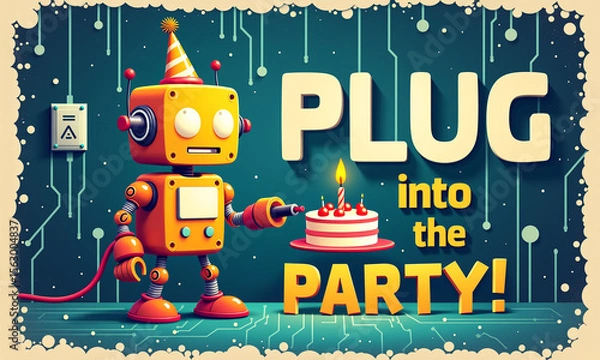 Fototapeta A cute robot holding a cake and a sign that says Plug Into the Party, digital festive theme.