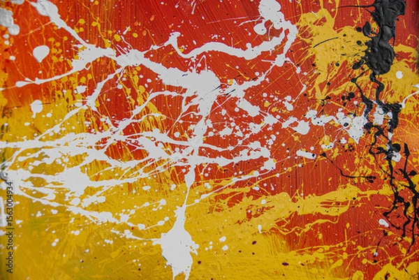 Obraz Abstract expressive splatter painting in red, yellow, and white with chaotic energy and contrast
