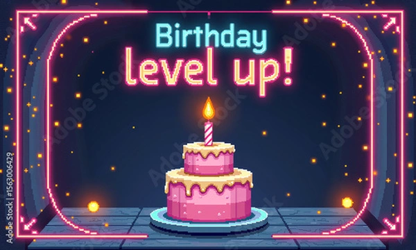 Fototapeta Futuristic cake on platform with text birthday level up glowing in frame.