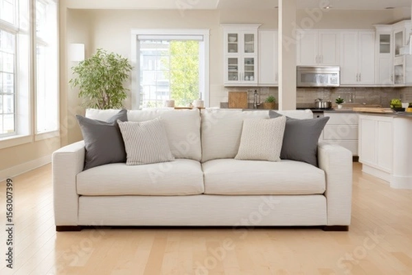 Fototapeta Cozy modern living room featuring a stylish white sofa with decorative pillows, bright natural light streaming through large windows, inviting atmosphere