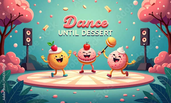 Fototapeta Animated desserts dancing on stage under falling confetti and pink trees.