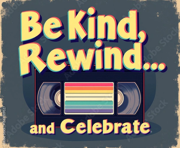 Fototapeta Grungy VHS-inspired design with bold message to be kind and celebrate.