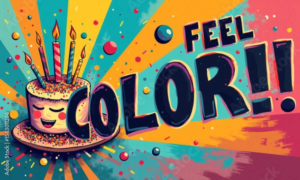 Fototapeta Pop-art style image of cake with bold feel color message and splashes.
