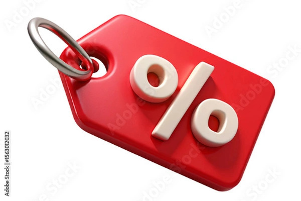 Fototapeta Red sale tag with percentage symbol and metal ring isolated on transparent background