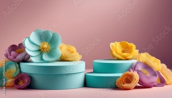Obraz Pale turquoise empty podiums on pink background with turquoise, purple and yellowl buttercup flowers. Generated image