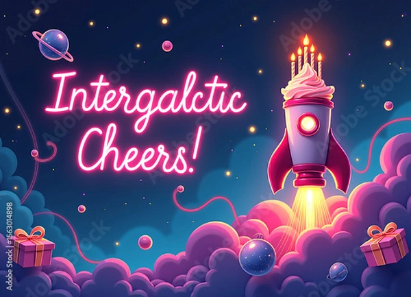 Fototapeta Stylized rocket with lit candles flying through colorful space clouds.