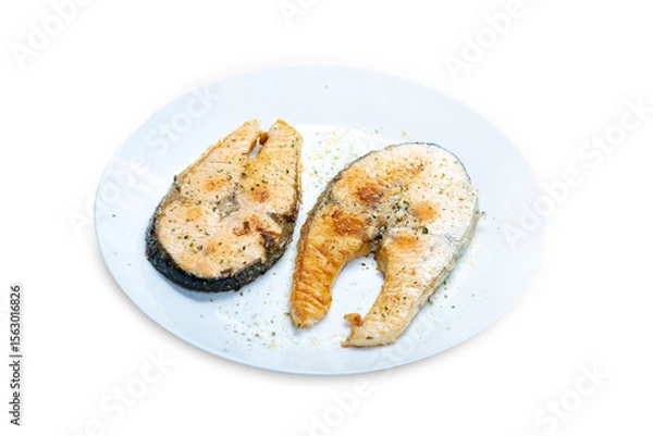 Fototapeta Top view of salmon grill on the white plate, focus selective